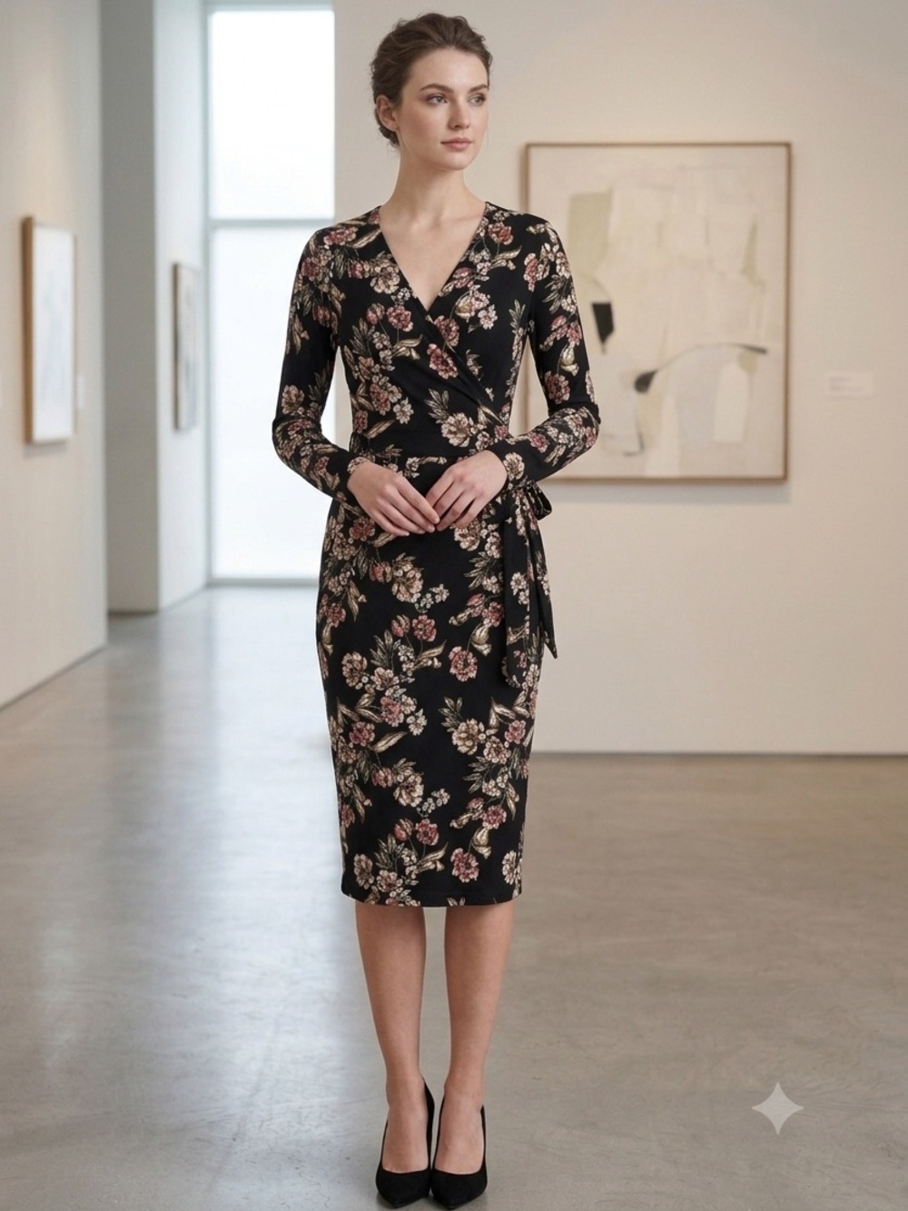 RACHEL Rachel Roy Black Floral Long Sleeve Faux Wrap Dress